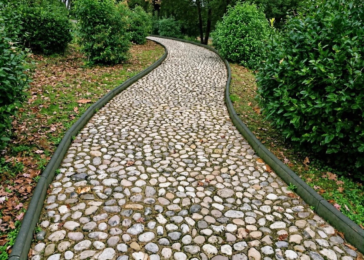 A winding pebble walkway edged by green shrubs and trees.